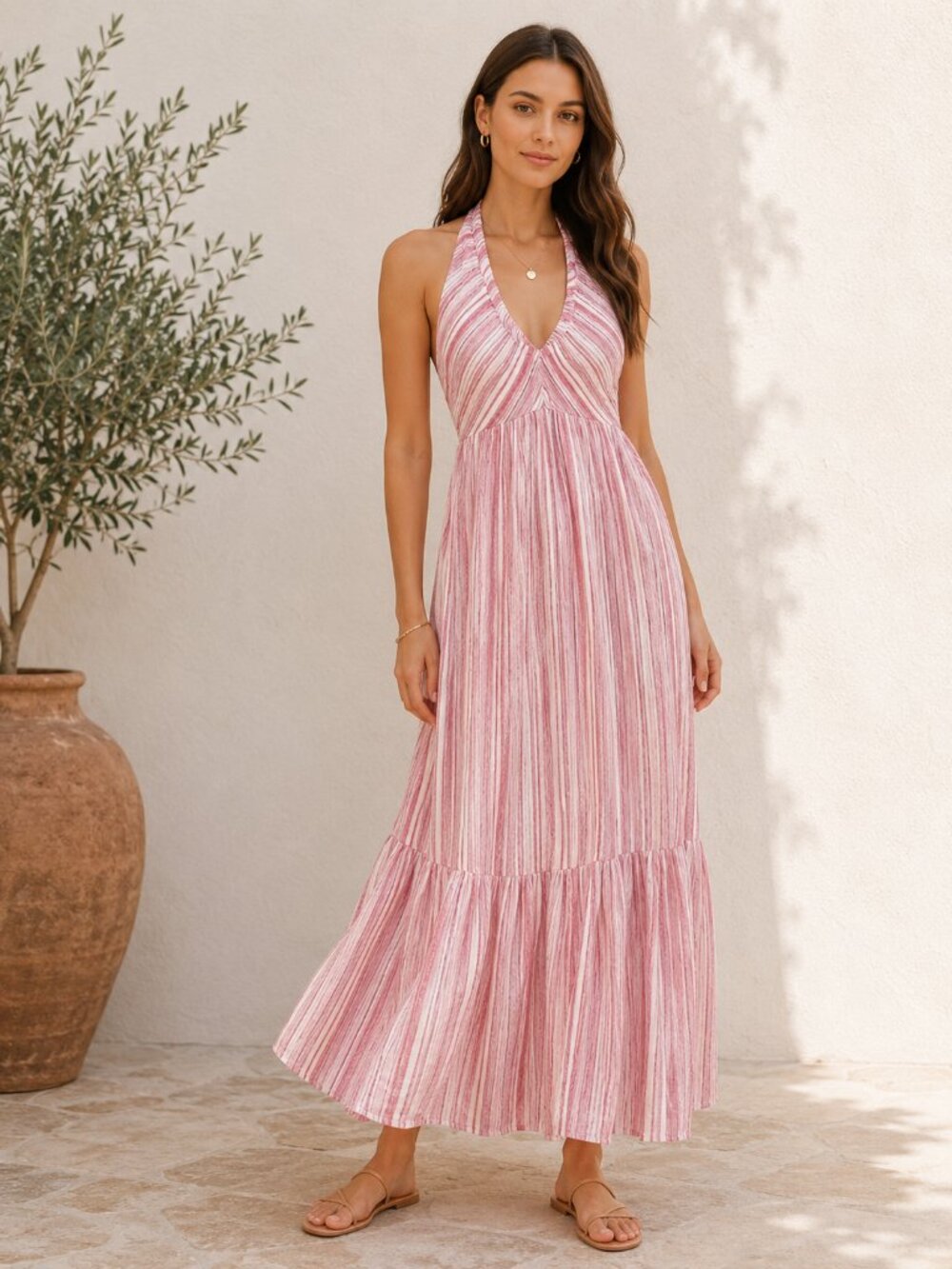 Free People Audrey Stripe Halter Maxi Dress Pink & White Size M
